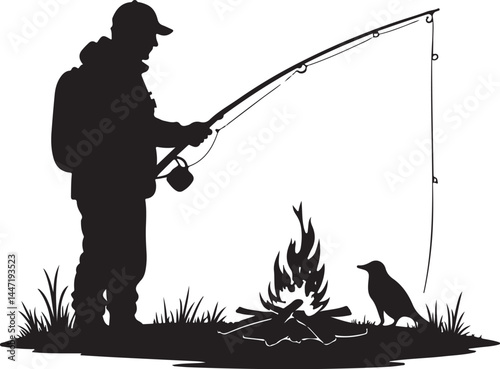 Silhouettes of Men and Dogs Fishing