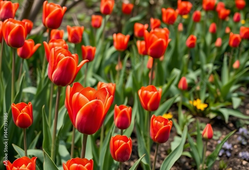 Vibrant red tulips blooming in a lush exotic garden, perfect for spring sale promotions,  voucher,  botanical