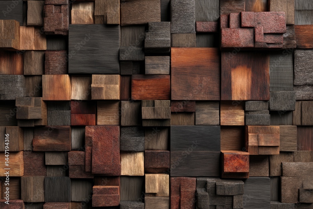 Geometric wood blocks, textured wall Geometric wood blocks, textured wall
