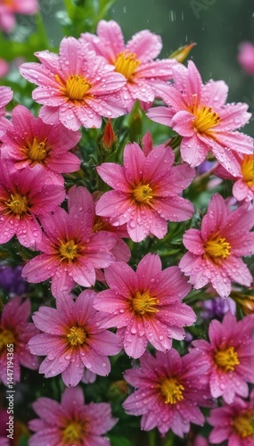 Close-up of raindrops on vibrant spring flowers , water droplets, colorful, close up