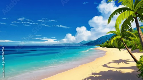 Breathtaking Tropical Beach Scene with Palm Trees and Crystal Clear Waters Under a Bright Blue Sky