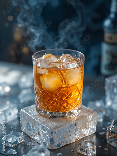 Glass with an alcoholic drink on a large piece of ice