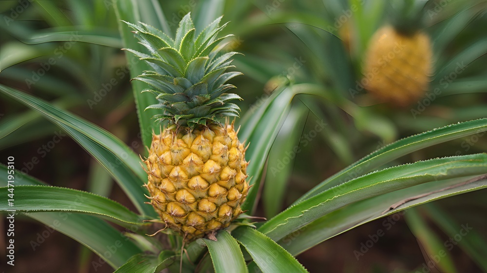 A close-up of a ripe pineapple in the garden shows its golden skin and spiky green leaves. A close-up of a ripe pineapple in the garden shows its golden skin and spiky green leaves.