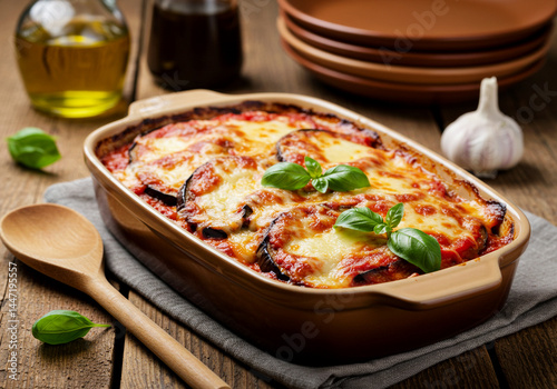 Classic Italian eggplant parmesan in baking dish photo