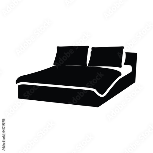 Modern low platform bed with two vector pillows in black and white design