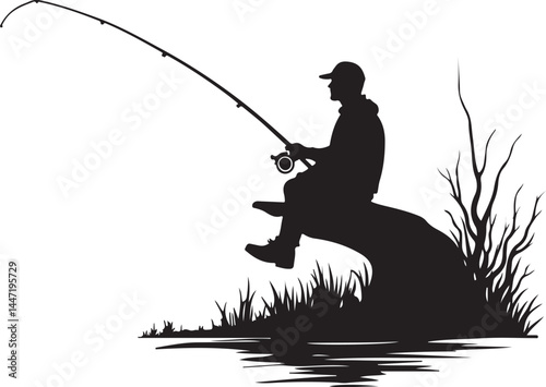 Silhouettes of Men and Dogs Fishing