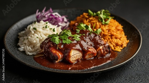 Regular view of plate of Mole Poblano featuring tender chicken covered rich dark mole sauce accompanied rice bean placed rustic black textured background highlighting complexity of sauce cut out photo