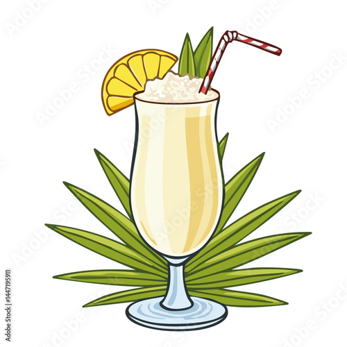 Pina colada cocktail in a glass with a piece of pineapple vector illustration. Color image of a refreshing summer drink on an isolated background. Drawing for a bar and menu.