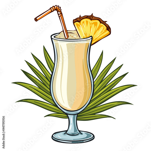 Pina colada cocktail in a glass with a piece of pineapple vector illustration. Color image of a refreshing summer drink on an isolated background. Drawing for a bar and menu.