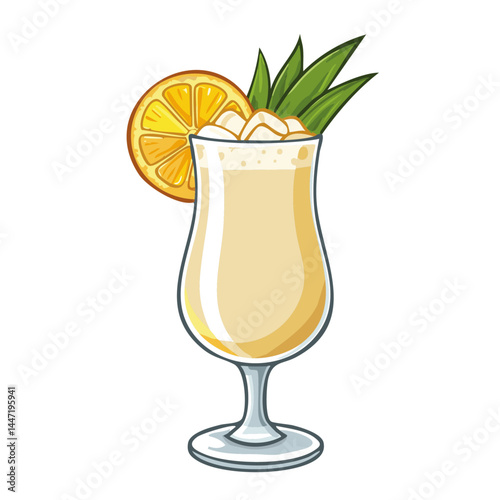 Pina colada cocktail in a glass with a piece of pineapple vector illustration. Color image of a refreshing summer drink on an isolated background. Drawing for a bar and menu.