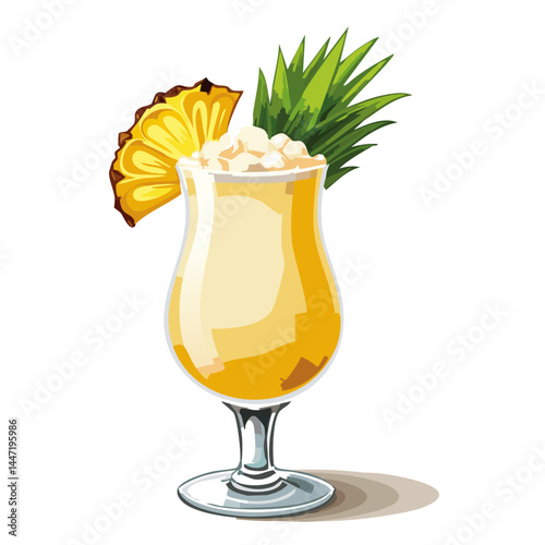 Pina colada cocktail in a glass with a piece of pineapple vector illustration. Color image of a refreshing summer drink on an isolated background. Drawing for a bar and menu.
