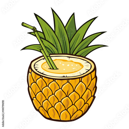 Pina colada cocktail or freshly squeezed juice in half of pineapple vector illustration. Color image of refreshing exotic summer drink on isolated background. Drawing for bar and menu.
