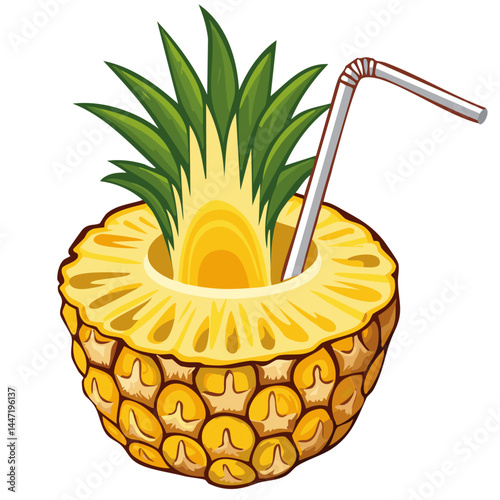 Pina colada cocktail or freshly squeezed juice in half of pineapple vector illustration. Color image of refreshing exotic summer drink on isolated background. Drawing for bar and menu.