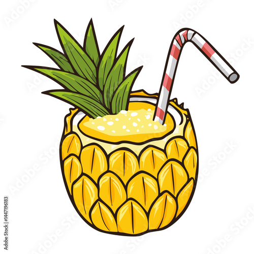 Pina colada cocktail or freshly squeezed juice in half of pineapple vector illustration. Color image of refreshing exotic summer drink on isolated background. Drawing for bar and menu.