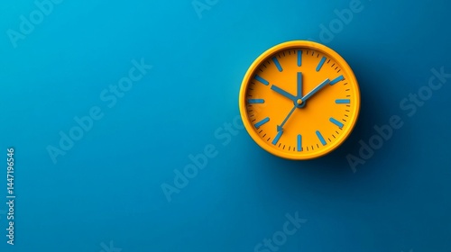 Wallpaper Mural Vibrant Yellow Clock on Deep Blue Canvas: Minimalist Time Concept Design with Ample Copy Space Torontodigital.ca