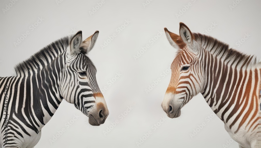 Fototapeta premium Zebra and donkey together, profile view, clean white backdrop, background, brown