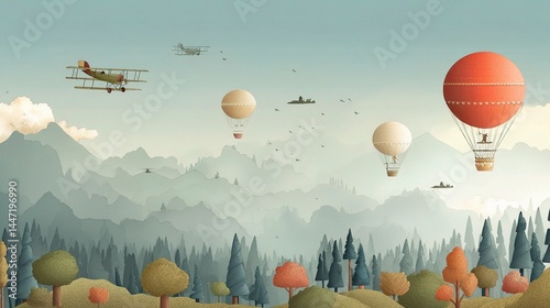 Whimsical Kids Wallpaper with Flying Airplanes and Balloons