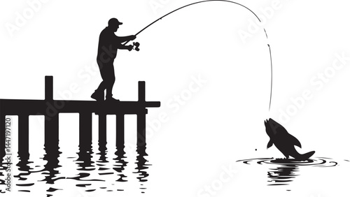 Fishing Silhouette, Man Fishing, Fish Jumping, Dock Fishing, Fishing Clipart, Angler Silhouette, Catching Fish, Fisherman Art, Fishing Vector, Black and White Fishing, Fishing SVG, Fishing PNG, Fishin