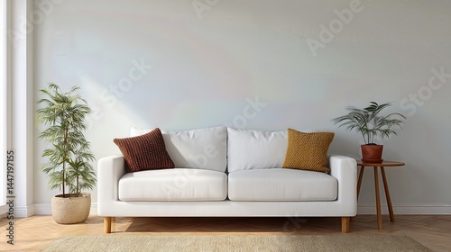 The Scandinavian-inspired living room combines functionality and elegance, with a cozy white sofa and sleek side tables set against a plain background for stylish home decor presentations.