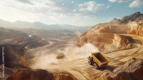 Massive Open-Pit Mine with Heavy-Duty Mining Trucks in Operation, Aerial View