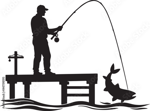 Fishing Silhouette, Man Fishing, Fish Jumping, Dock Fishing, Fishing Clipart, Angler Silhouette, Catching Fish, Fisherman Art, Fishing Vector, Black and White Fishing, Fishing SVG, Fishing PNG, Fishin