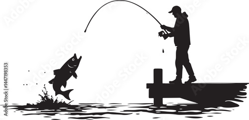 Fishing Silhouette, Man Fishing, Fish Jumping, Dock Fishing, Fishing Clipart, Angler Silhouette, Catching Fish, Fisherman Art, Fishing Vector, Black and White Fishing, Fishing SVG, Fishing PNG, Fishin
