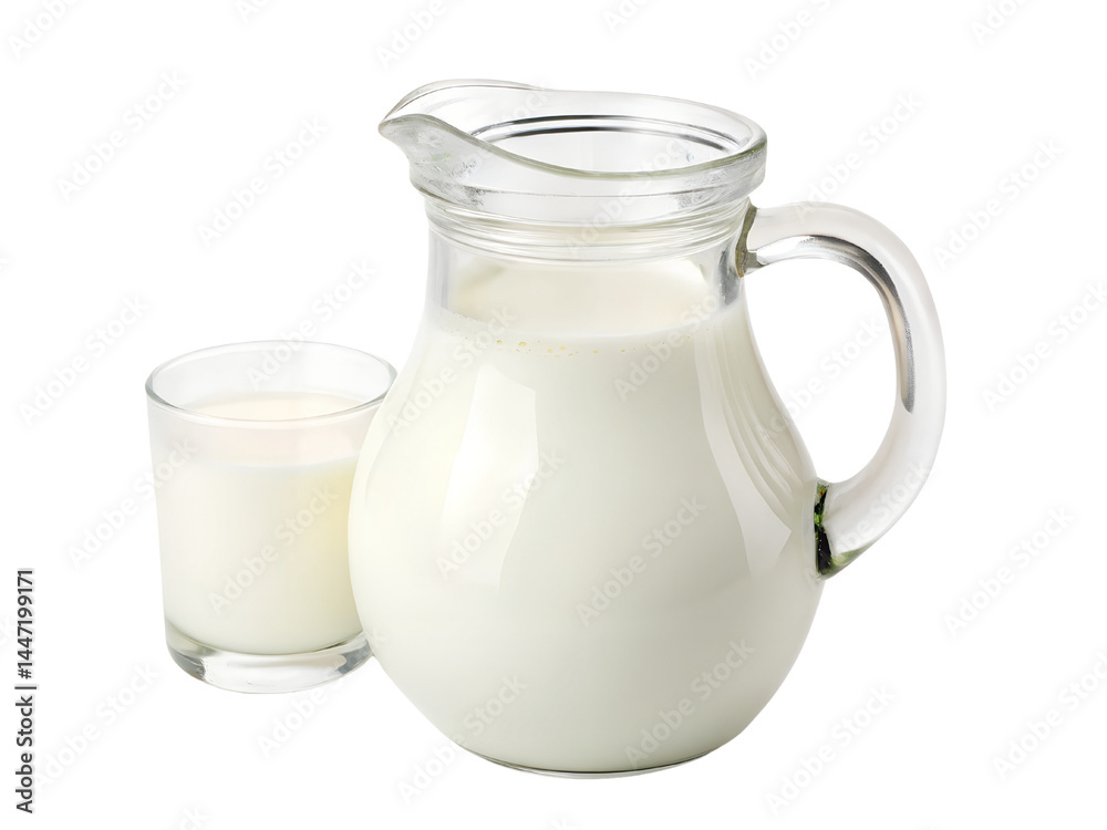 Glass Pitcher of Fresh Milk Isolate on transparent background cutout, PNG file, Cutout file