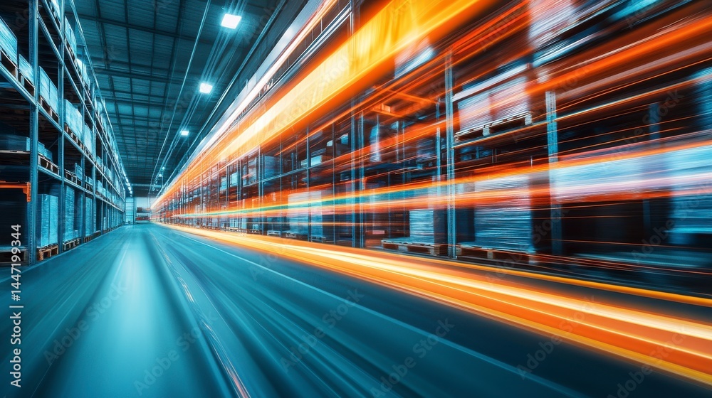 Abstract Motion Blur of Warehouse Interior with Orange and Blue Light Streaks