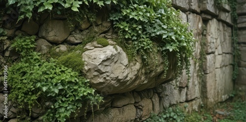 Ancient stone, ivy-covered, weathered, moss-grown, ivory tones , stone, history