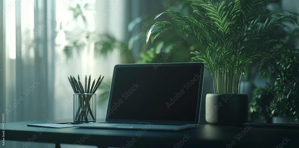 Fototapeta premium A minimalist desk with an open laptop, pens, and paper on it, glass vases of green plants in the background, and a blurred office space in soft light. Minimalist workspace concept. Black tablet mockup