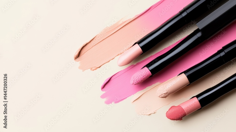 Obraz premium Beige nude tone lipstick make up isolated on a studio background,natural Liquid lipsticks,makeup cosmetic lips, product mockup for beauty fashion business,sale,swatch color,template.