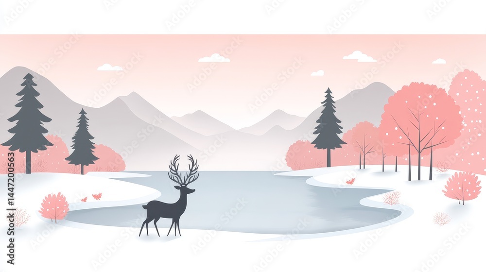 Pixelated winter landscape featuring a deer by a frozen lake with mountains and pine trees in a serene and picturesque pixel art scene Pixelated winter landscape featuring a deer by a frozen lake with mountains and pine trees in a serene and picturesque pixel art scene