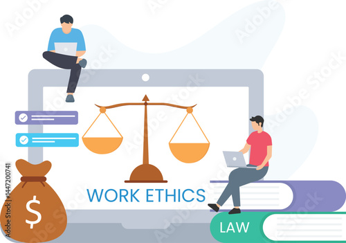 Work ethics or professional conduct, workplace integrity or moral responsibility, employee accountability or job responsibility, punctuality or time management, honesty or transparency, commitment or 