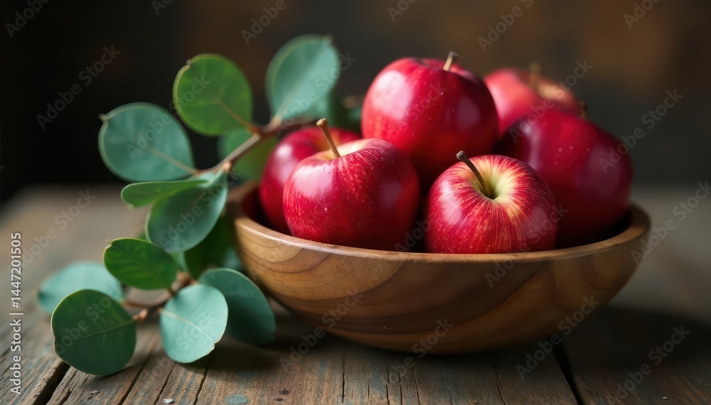 Glowing red apples in wooden bowl, eucalyptus leaves on aged wood , still life, leaves Glowing red apples in wooden bowl, eucalyptus leaves on aged wood , still life, leaves