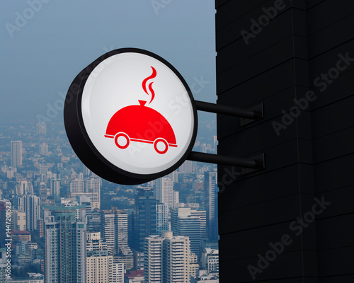 Restaurant cloche icon on hanging black rounded signboard over modern city tower, office building and skyscraper, Business food delivery online concept, 3D rendering