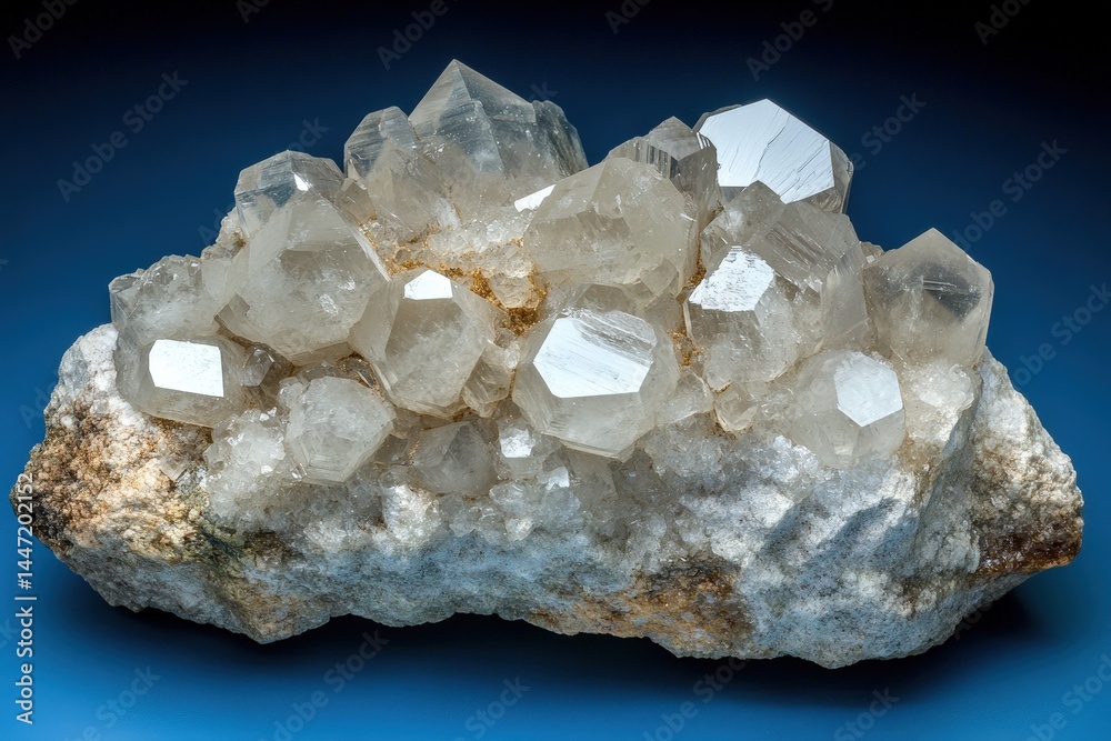 Cluster of translucent crystals on a rock matrix. Cluster of translucent crystals on a rock matrix.
