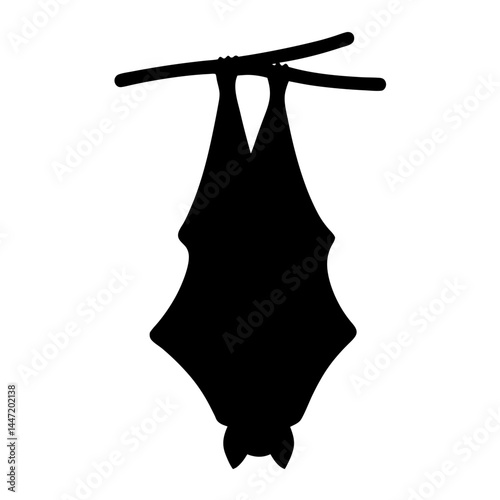 Black silhouette of a bat vector hanging upside down on a branch