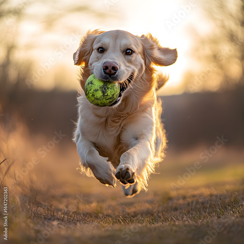 Happy Dog Chasing Ball Indoors in Warm Sunlight