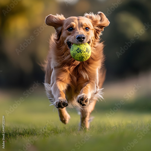 Happy Dog Chasing Ball Indoors in Warm Sunlight