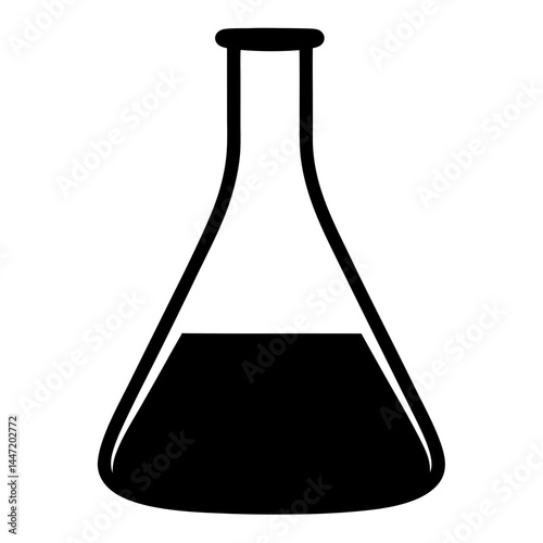 Stylized Erlenmeyer flask containing a vector black liquid substance in scientific context