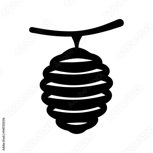 Stylized monochrome drawing of a vector beehive hanging from a simple branch