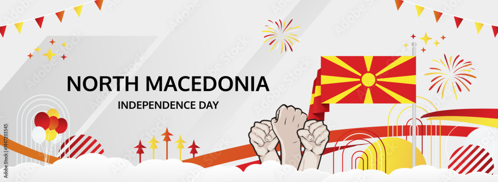 Fototapeta premium North Macedonia Republic Day greeting banner. 2 August Happy National Day. Festive horizontal templates in flag colors, great for festival event, modern poster, tourism campaign, and holiday sale