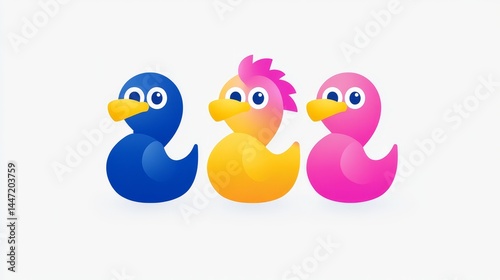 Playful duckling trio in vibrant hues evokes joy and cheerfulness with cartoonish charm and pixelated artistry for delightful designs