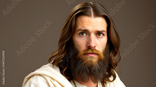 Portrait of a Man Dressed as Jesus. White robe. Long brown hair and beard. Man appears to be in his early 30s, and he has a serious expression on his face. Christian religion and faith. AI