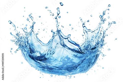 Blue water splash on white background, abstract wave effect