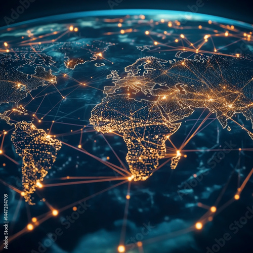 Global network map with bright connections between countries