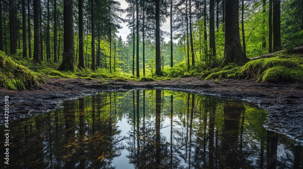 A forest scene with a small pond reflecting the sky and surrounding trees. A forest scene with a small pond reflecting the sky and surrounding trees.