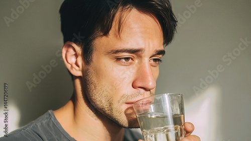 A man drinks murky, dirty water from a glass, illustrating the serious issue of contaminated water and the health risks tied to pollution and poor sanitation. photo