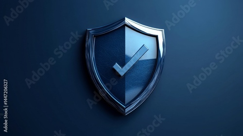 Stylized Security Shield Emblem Displaying Verification Mark on Deep Indigo Surface, Cyber Assurance and Data Protection Concept