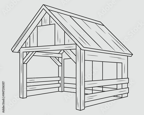 Open Hayshed Line Drawing for Kids – Bold Black and White Coloring Page Vector